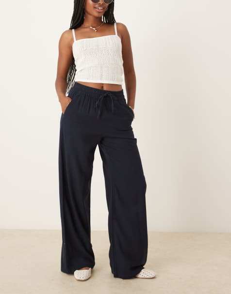 JDY - Pantaloni in misto lino con fondo ampio blu navy - view 1