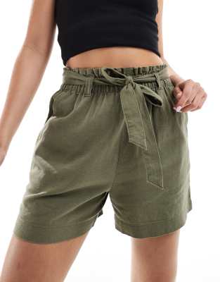 Jdy Paperbag Tie Waist Linen Mix Shorts In Khaki-green