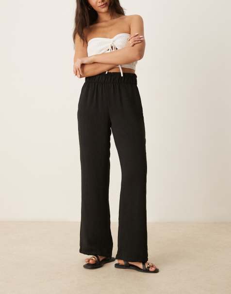 JDY paperbag waist linen look wide leg pants in black - view 1