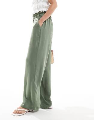 Jdy Paperbag Waist Wide Leg Linen Look Pants In Khaki-green