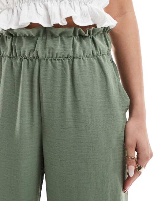 JDY paperbag waist wide leg linen look pants in khaki