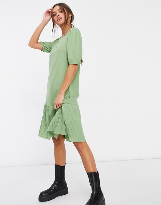 JDY Paris plisse midi dress with frill hem in green