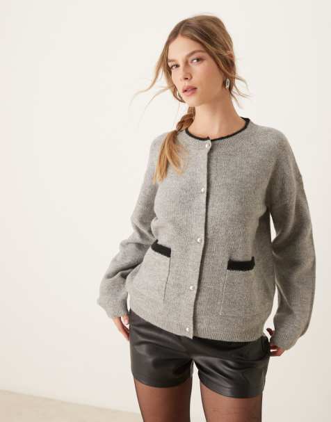 JDY pearl button cardigan in grey - view 1