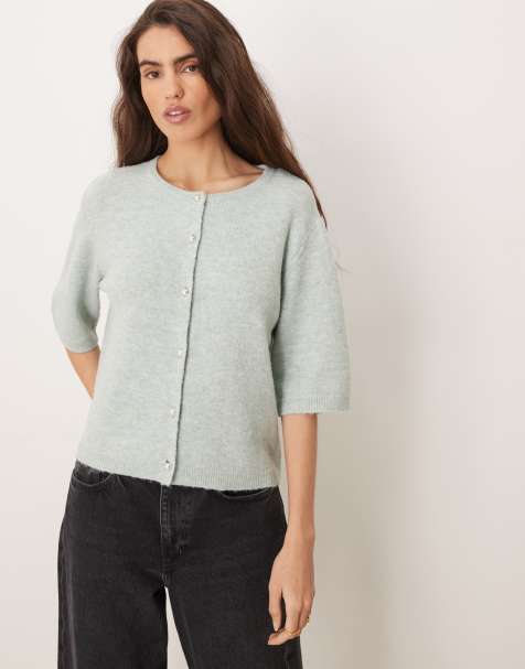 JDY pearl buttons short sleeve knitted cardigan in sage green