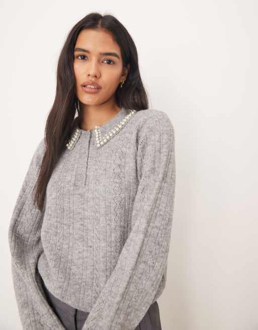 JDY pearl trim collared jumper in grey
