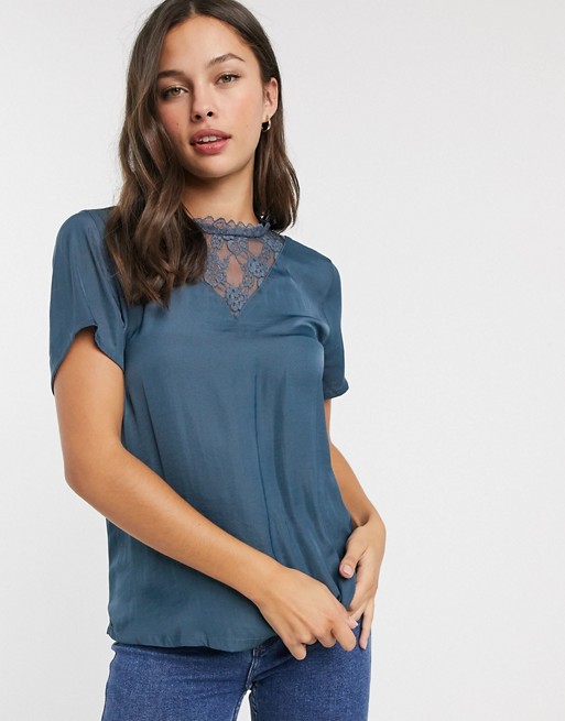 JDY Penelope high neck short sleeve satin and lace blouse