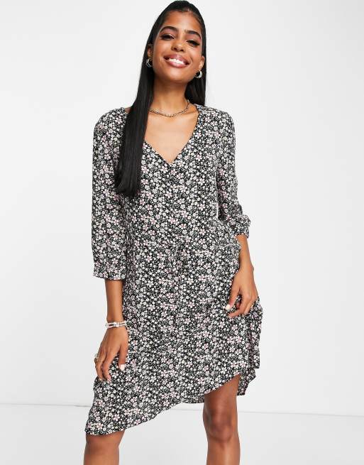 JDY pernille 3/4 sleeve shirt mini dress in floral print | ASOS