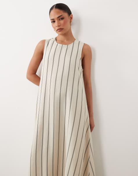 JDY Petite – Ärmelloses Maxikleid aus Leinenmix in Weiß mit schwarzen Streifen - view 1