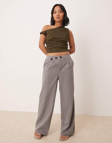 JDY Petite asymmetric button wide leg pants in grey - view 1