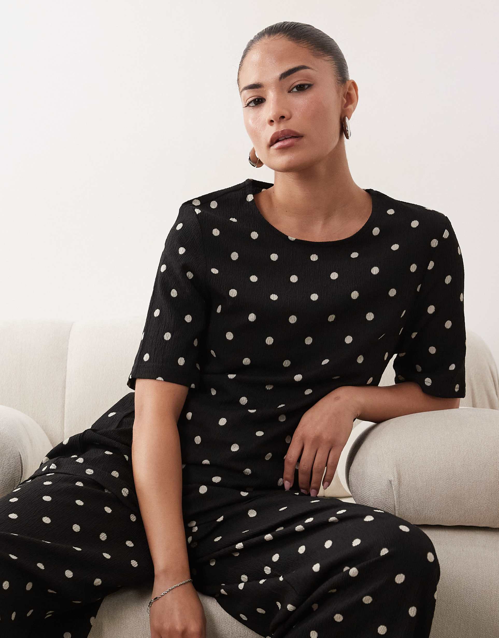 jdy petite asymmetric top in black polka dots - part of a set