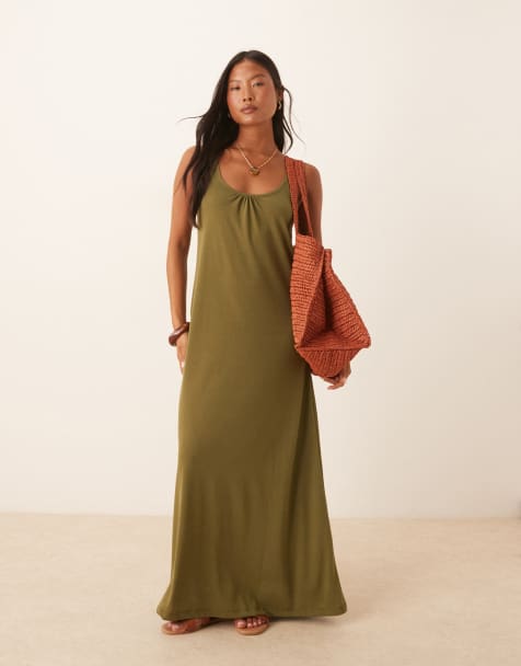 JDY Petite back tie maxi dress in olive green - view 1