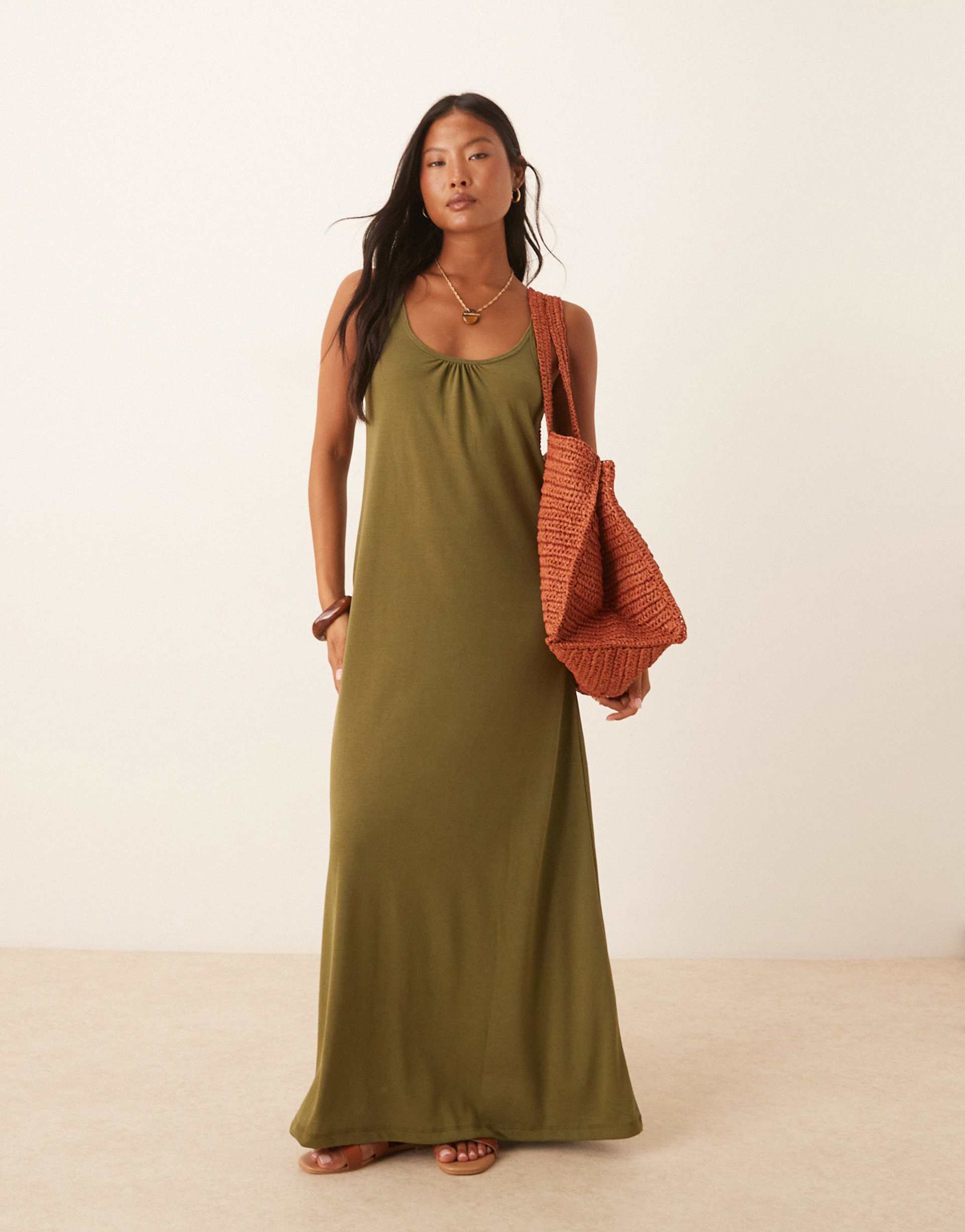 jdy petite back tie maxi dress in olive green