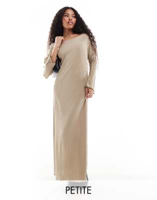 JDY Petite JDY Petite bell sleeve plisse maxi dress in stone-Neutral
