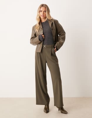 JDY Petite belt detail wide leg pants in khaki