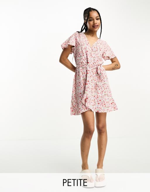 JDY Petite belted wrap mini dress in red and pink floral