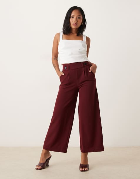 JDY Petite button detail wide leg dad trousers in burgundy