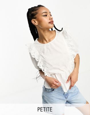 JDY Petite broderie peplum blouse with frill detailing in white