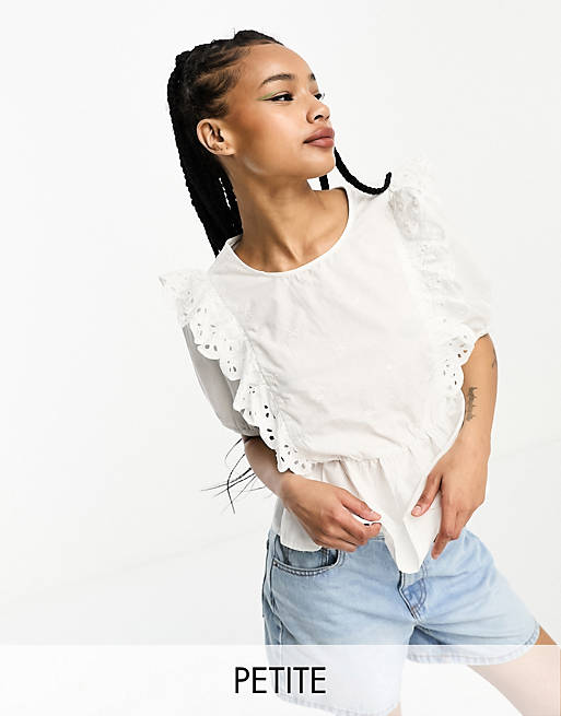 JDY Petite broderie peplum blouse with frill detailing in white | ASOS