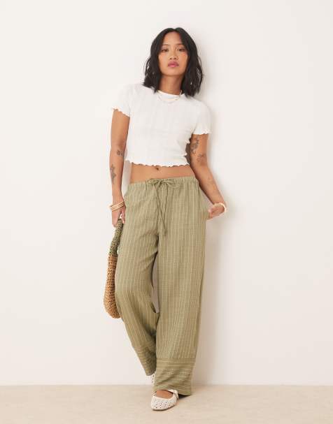 JDY Petite - Broek met wijde pijpen in groene streep - view 1