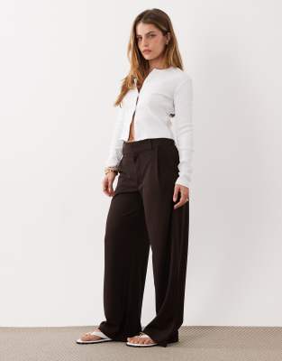 JDY Petite button detail wide leg dad pants in chocolate brown
