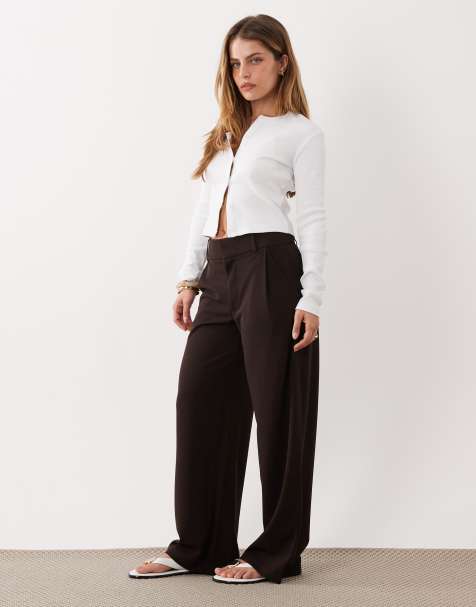 JDY Petite button detail wide leg dad pants in chocolate brown - view 1