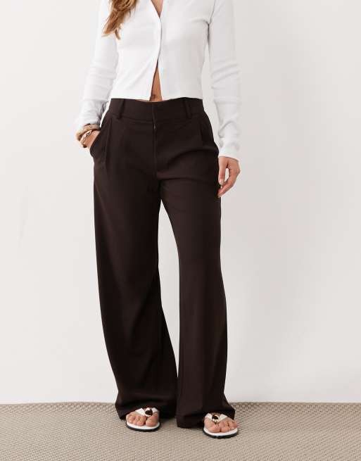 JDY Petite button detail wide leg dad trousers in chocolate brown, 2 of 5
