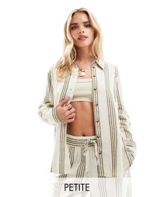JDY Petite - Camicia a maniche lunghe in misto lino bianco a righe salvia in coordinato