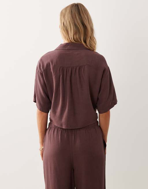 JDY Petite - Camicia in misto lino bordeaux allacciata sul davanti in coordinato, 3 di 4