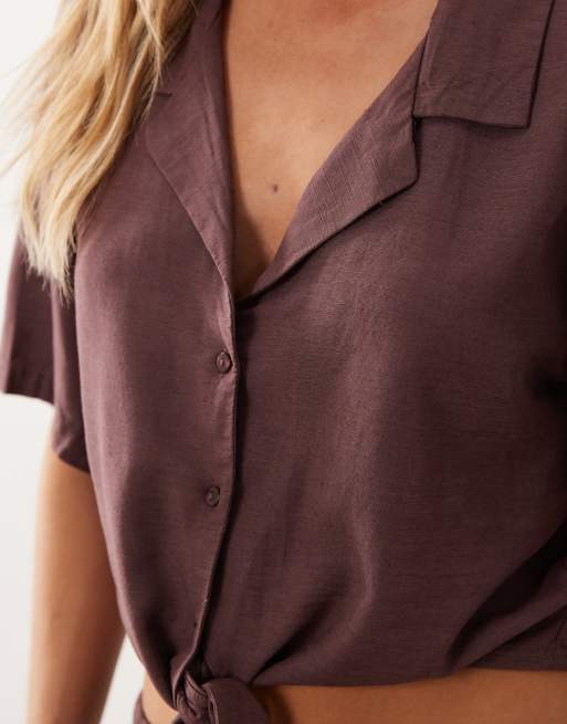JDY Petite - Camicia in misto lino bordeaux allacciata sul davanti in coordinato, 4 di 4