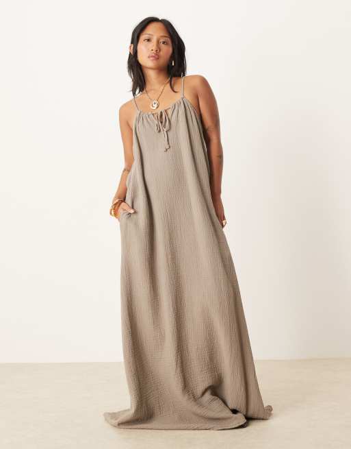 JDY Petite cheesecloth maxi dress in brown