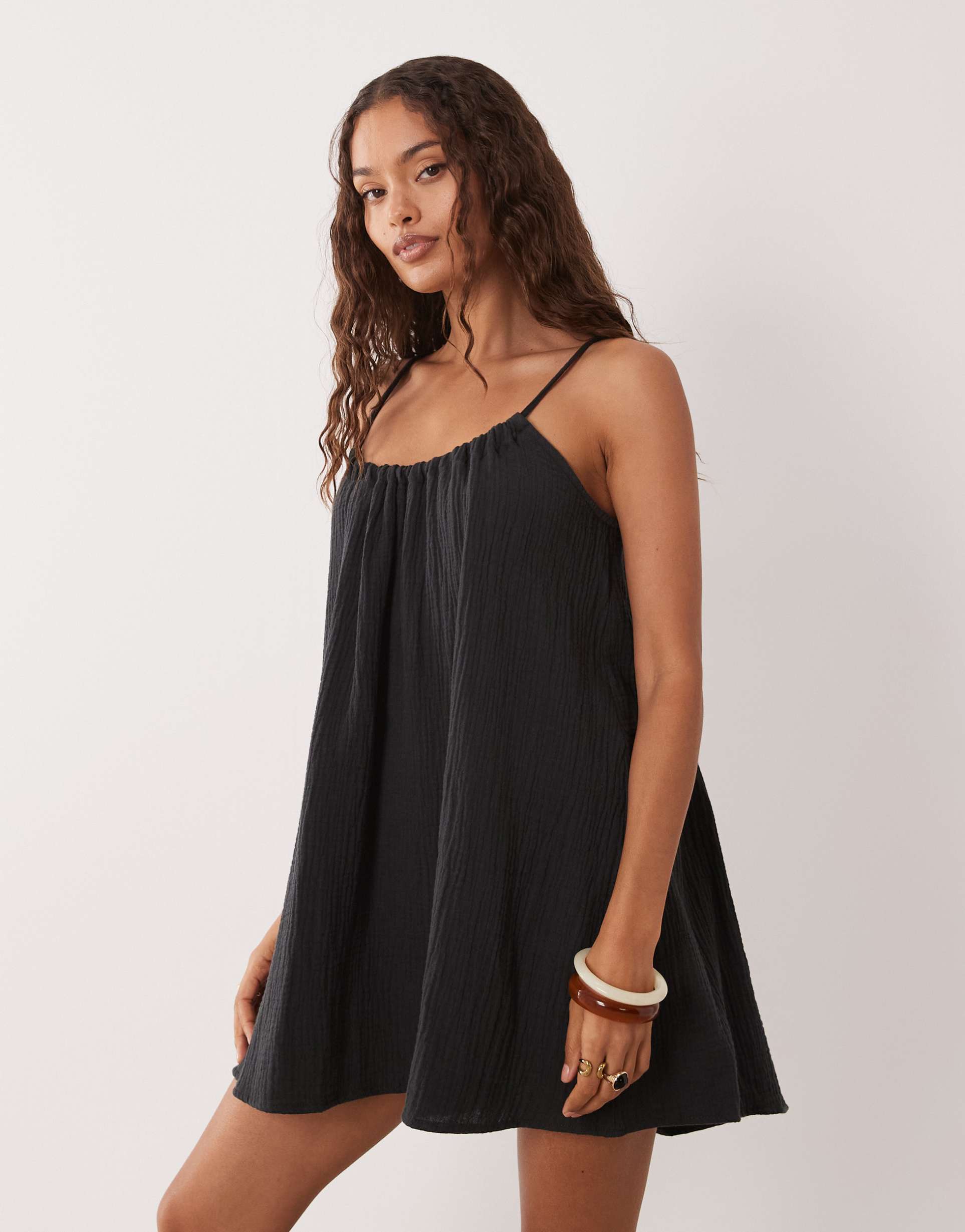 jdy petite cheesecloth sleeveless mini dress in washed black