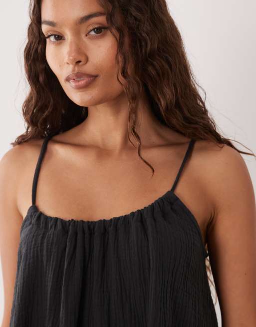 JDY Petite cheesecloth sleeveless mini dress in washed black, 3 of 4