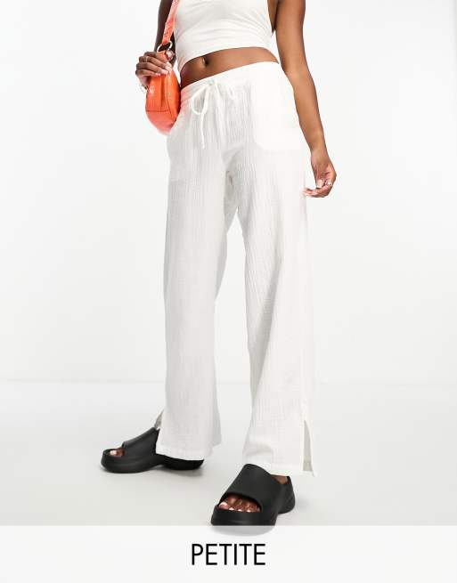 JDY Petite cheesecloth wide leg side slit pants in white