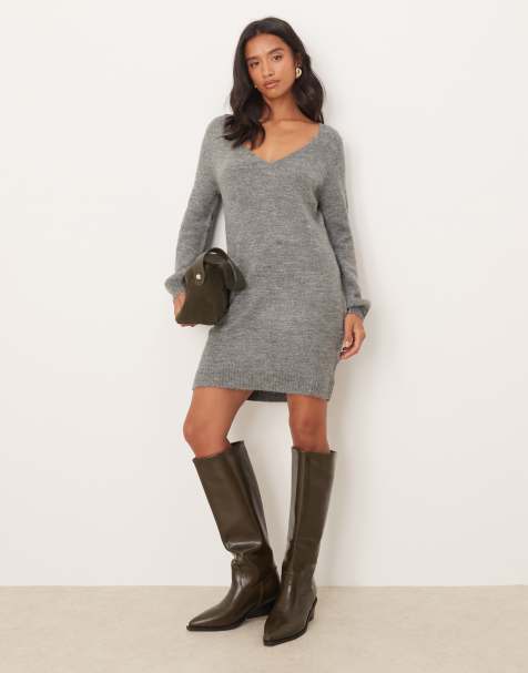 JDY Petite – Ciemnoszara melanżowa sukienka dzianinowa mini z dekoltem w kształcie V - view 1