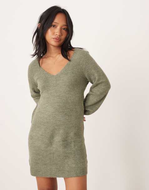 JDY Petite v-neck knitted mini dress in dark green