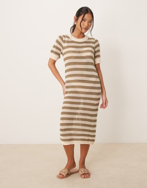 JDY Petite crochet midi dress in beige stripes, 2 of 4