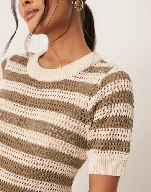 JDY Petite crochet midi dress in beige stripes, 3 of 4