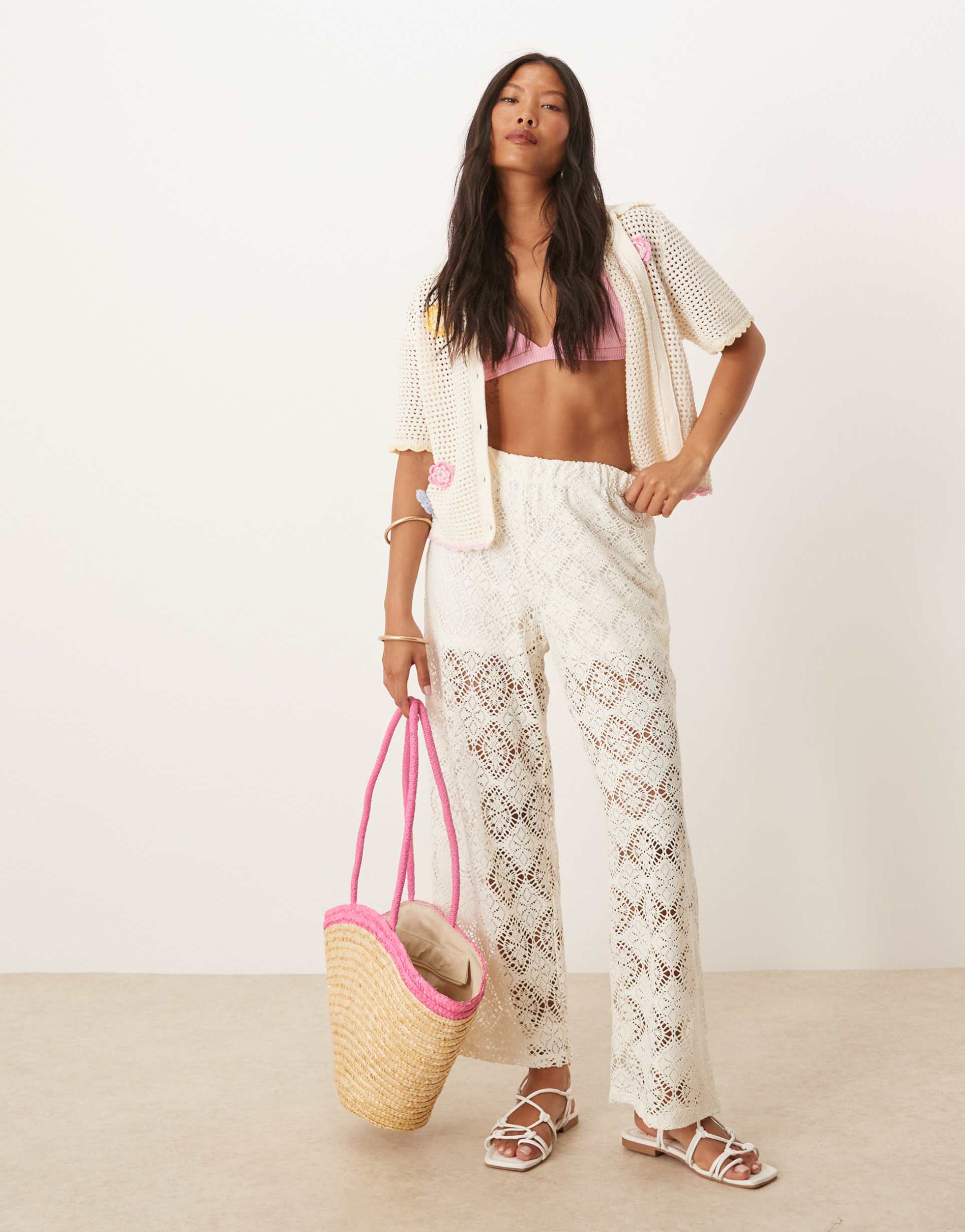 jdy petite crochet wide leg pants with short inserts in white