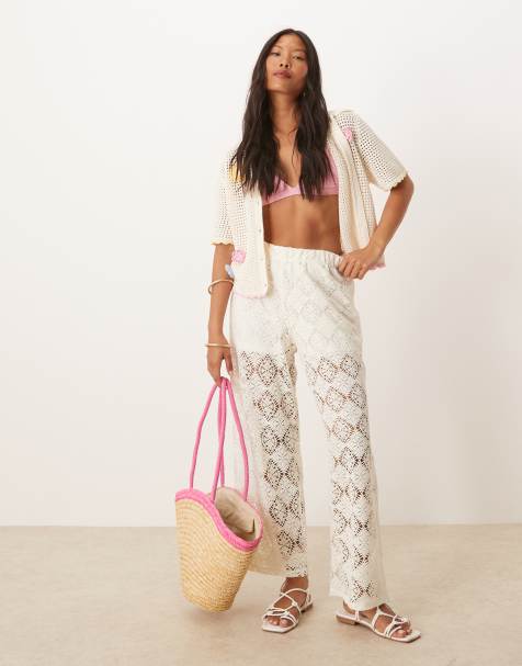 JDY Petite crochet wide leg trousers with short insert in white