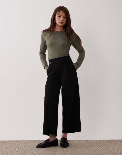 JDY Petite high waisted wide fit tailored trousers in black