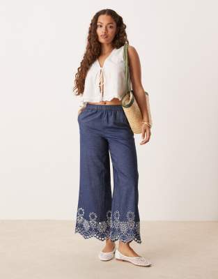 JDY Petite JDY Petite embroidery detail cropped trousers in mid blue wash