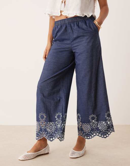 JDY Petite embroidery detail cropped trousers in mid blue wash , 2 of 5