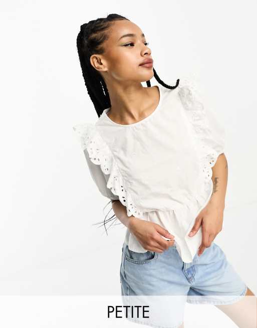 JDY Petite eyelet peplum blouse with frill detailing in white