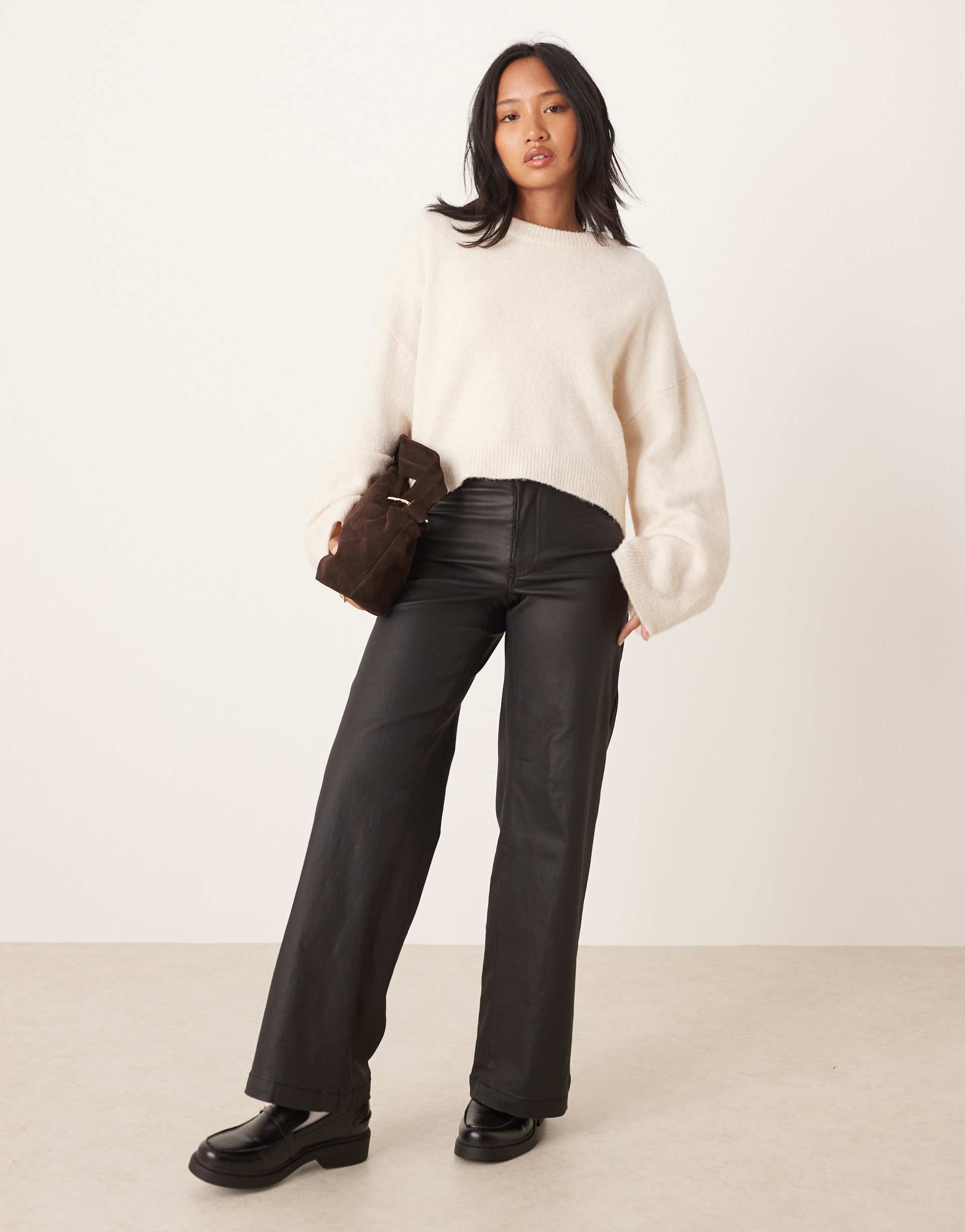 jdy petite faux leather wide leg pants in black