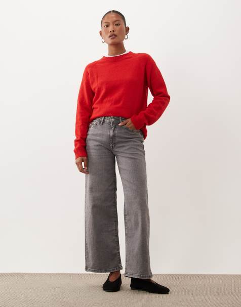 JDY Petite Felina jeans med hög midja och vida ben i grå denim - view 1
