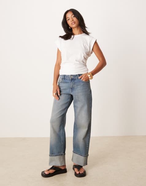 JDY Petite fold up straight jeans in mid blue - view 1