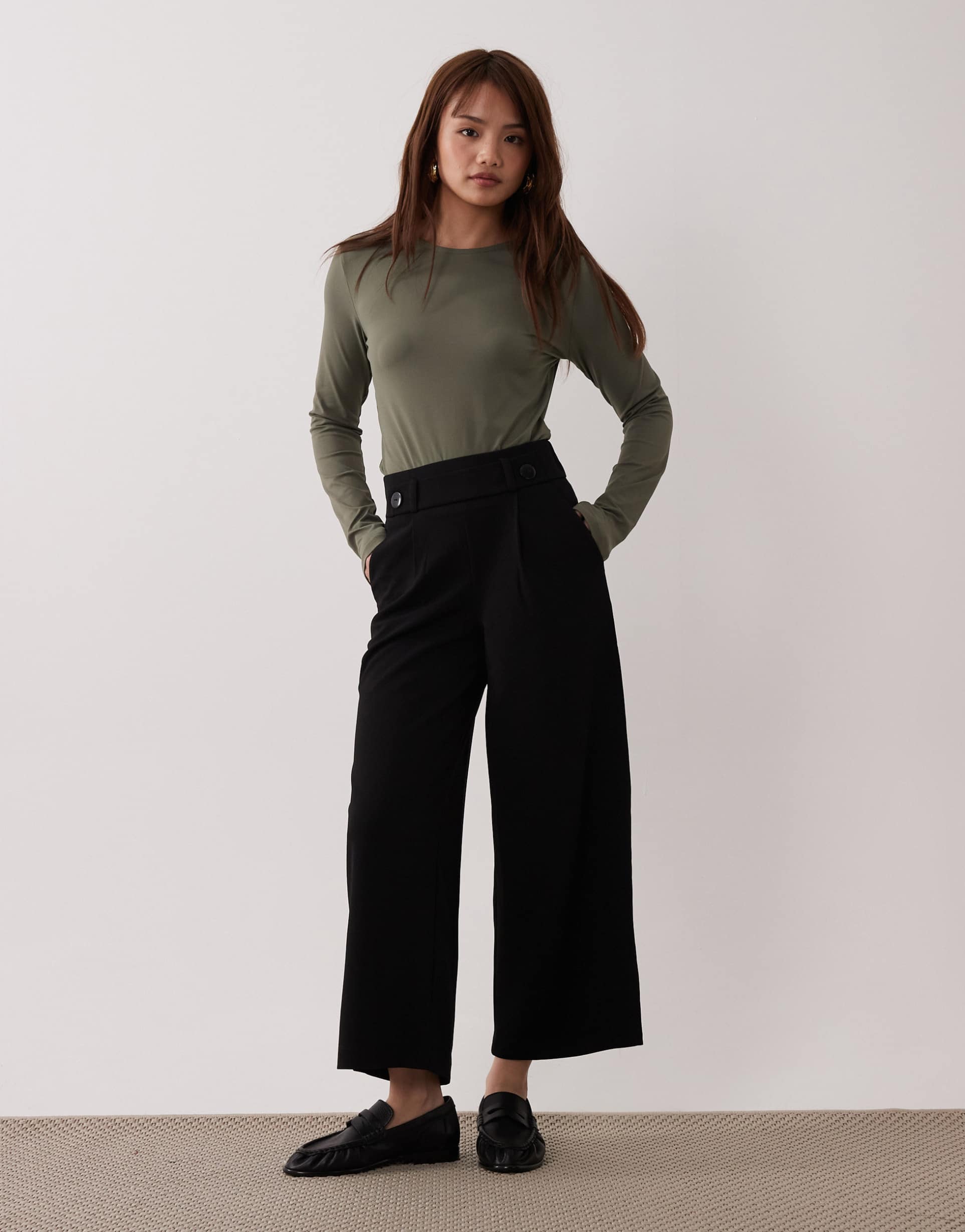 jdy petite high rise wide fit tailored pants in black