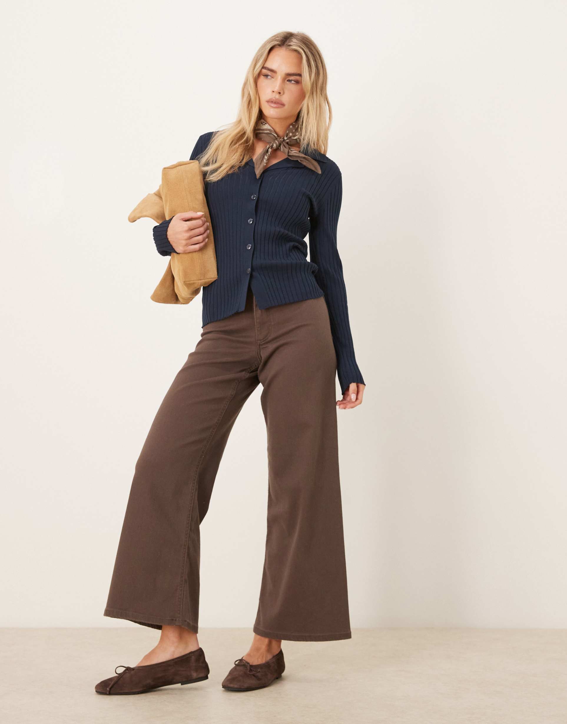 jdy petite high waist wide leg jeans in brown