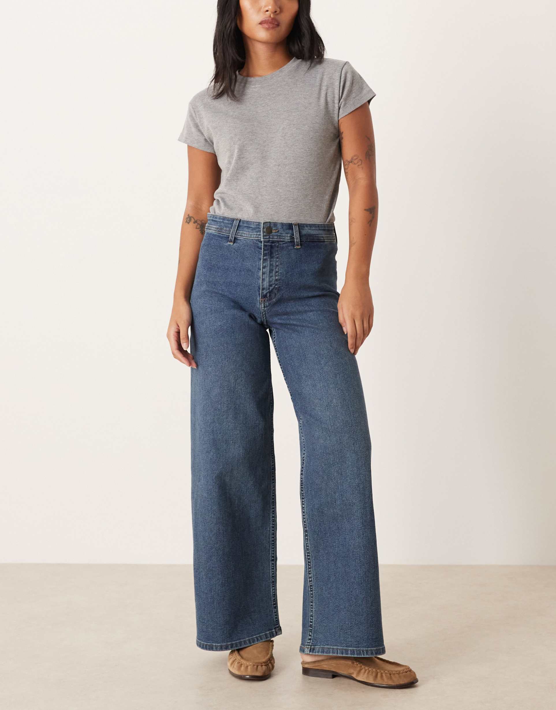 jdy petite high waist wide leg jeans in mid blue