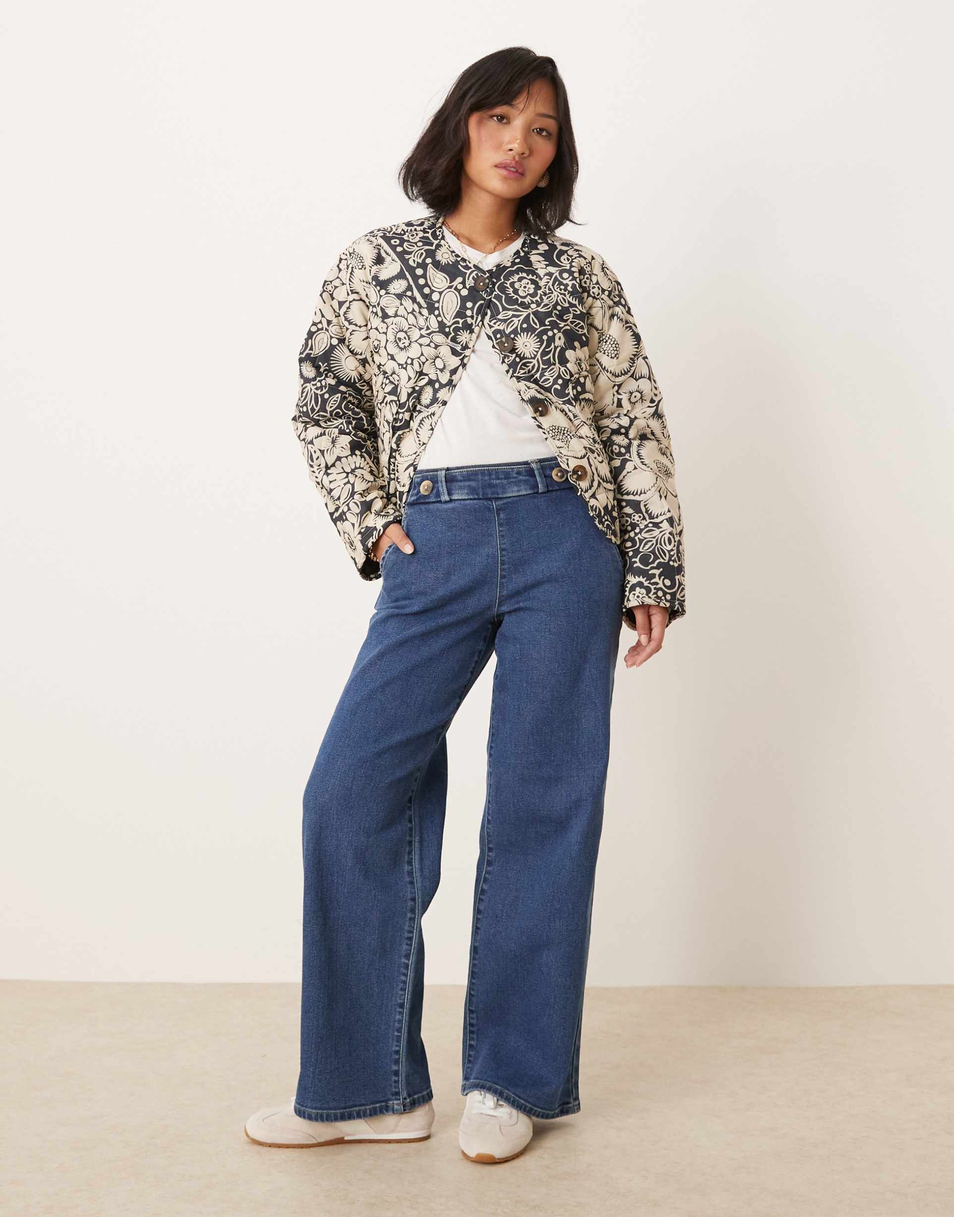 jdy petite high waist wide leg jeans with button details in mid blue